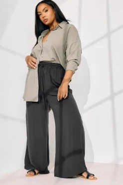 Yours Curve Black Chambray Tie Front Wide Leg Trousers
