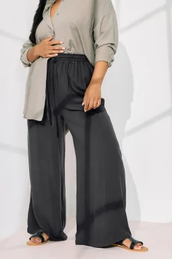 Yours Curve Black Chambray Tie Front Wide Leg Trousers