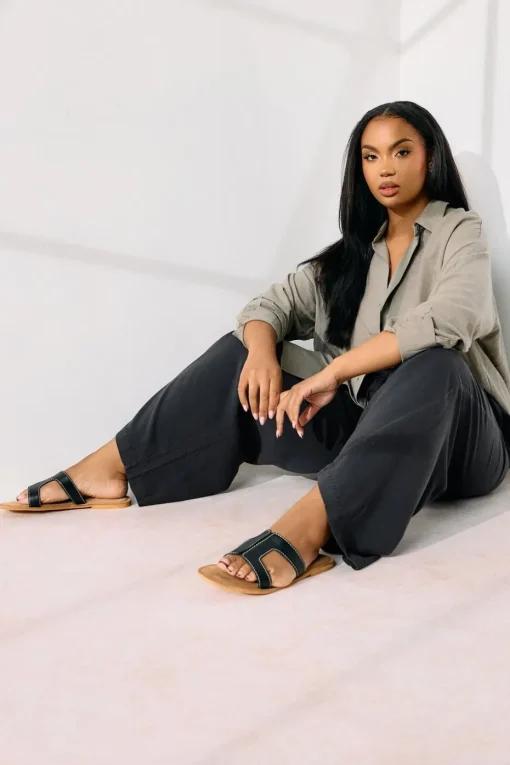 Yours Curve Black Chambray Tie Front Wide Leg Trousers