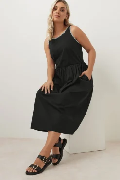 Yours Curve Black Contrast Blanket Stitch Midi Dress