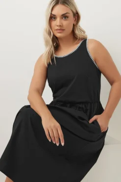 Yours Curve Black Contrast Blanket Stitch Midi Dress
