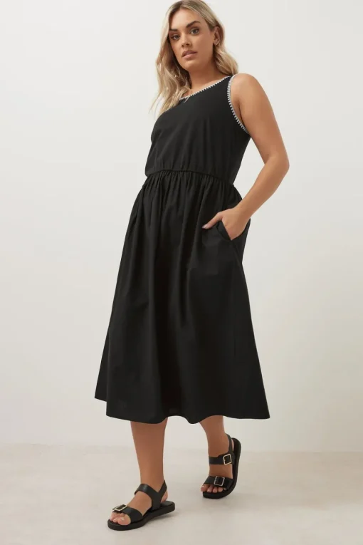 Yours Curve Black Contrast Blanket Stitch Midi Dress