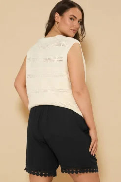 Yours Curve Black Crochet Trim Crinkle Shorts