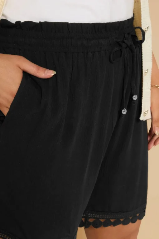 Yours Curve Black Crochet Trim Crinkle Shorts