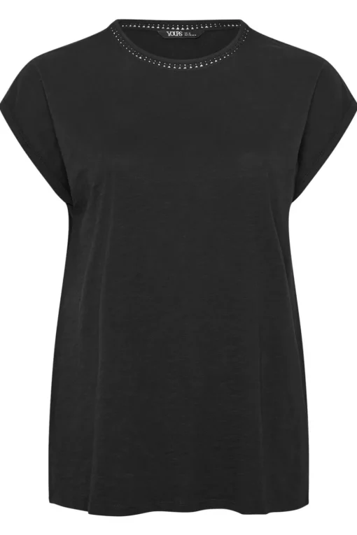 Yours Curve Black Crochet Trim Detail T-Shirt