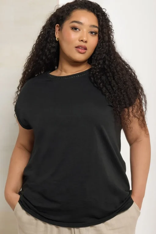 Yours Curve Black Crochet Trim Detail T-Shirt