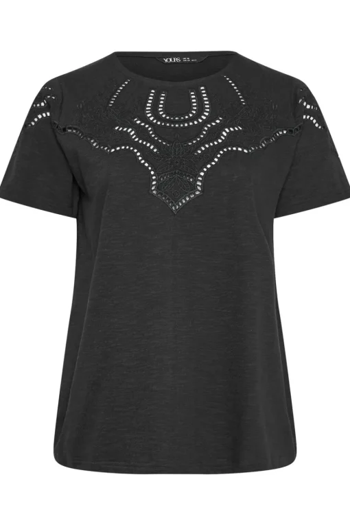 Yours Curve Black Crochet Trim T-Shirt