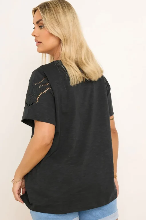Yours Curve Black Crochet Trim T-Shirt