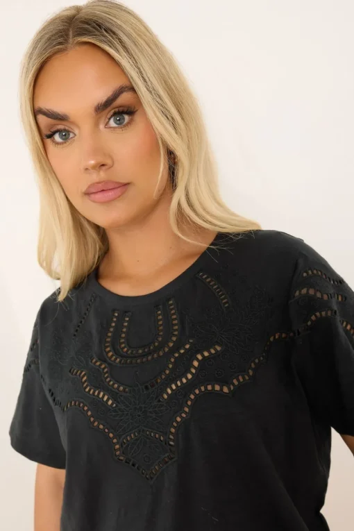 Yours Curve Black Crochet Trim T-Shirt