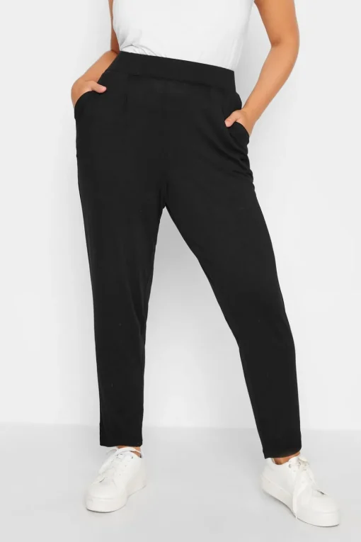Yours Curve Black Double Pleat Jersey Stretch Joggers