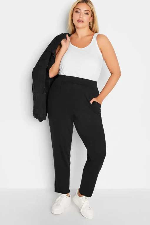 Yours Curve Black Double Pleat Jersey Stretch Joggers