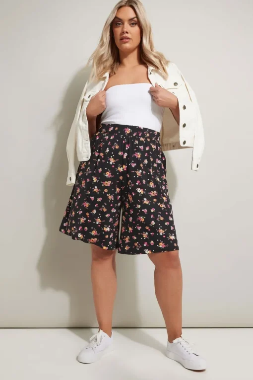 Yours Curve Black Floral Print Jersey Shorts