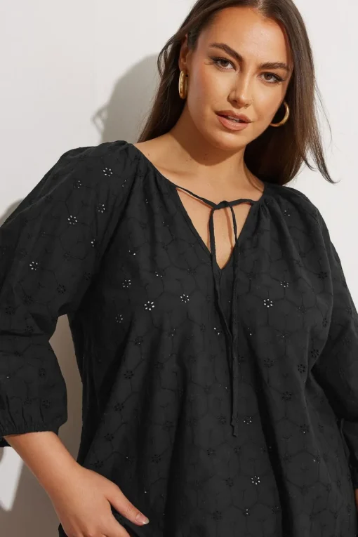 Yours Curve Black Floral Broderie Anglaise Tie Front Top
