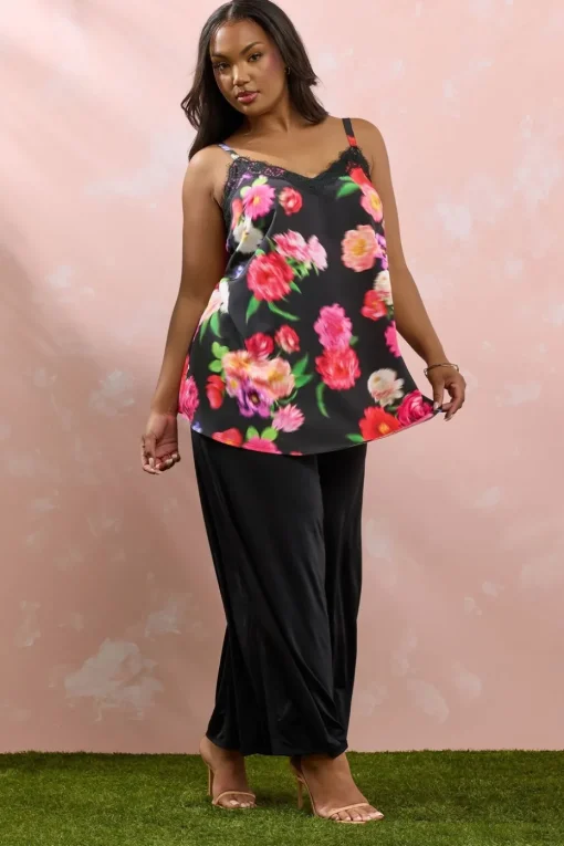 Yours Curve Black Floral Print Lace Cami Vest Top