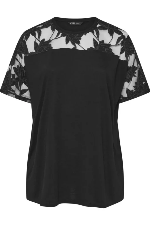 Yours Curve Black Floral Burnout Boxy T Shirt