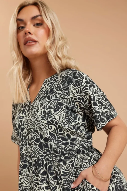 Yours Curve Black Floral Print Tiered Cotton Midaxi Dress