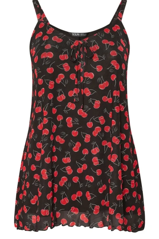 Yours Curve Black Mesh Cherry Graphic Tie Vest Top