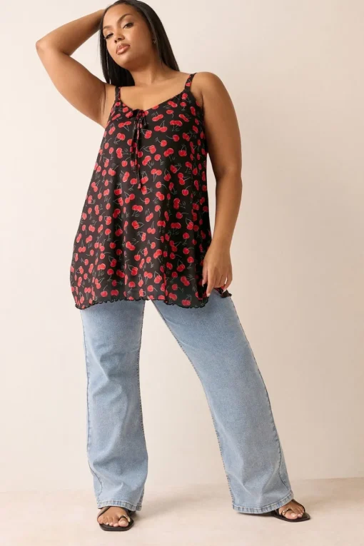Yours Curve Black Mesh Cherry Graphic Tie Vest Top