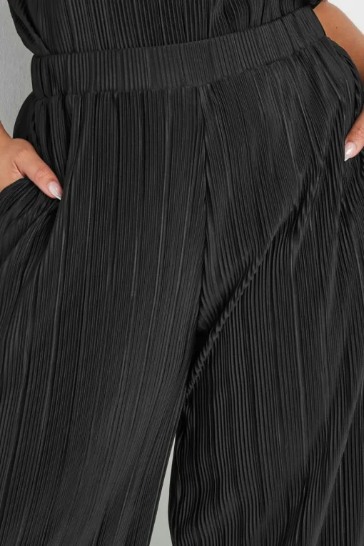Yours Curve Black Plisse Wide Leg Trousers