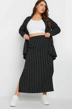 Yours Curve Black Textured Pinstripe Maxi Skirt