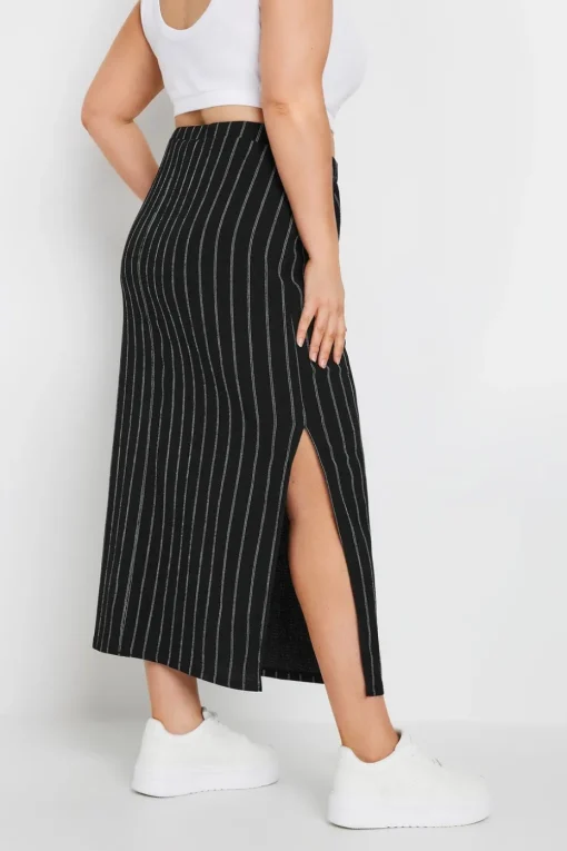 Yours Curve Black Textured Pinstripe Maxi Skirt