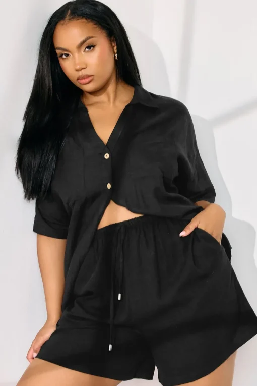 Yours Curve Black Tie Front Linen Shorts