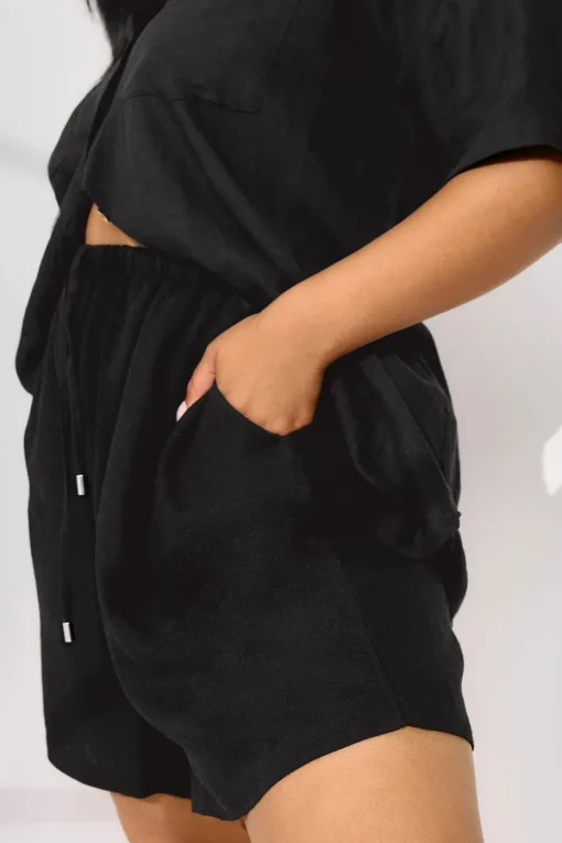 Yours Curve Black Tie Front Linen Shorts