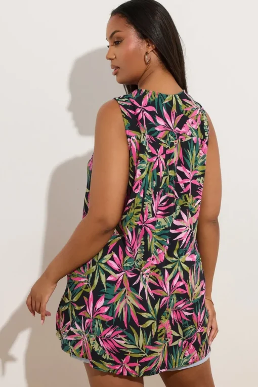Yours Curve Black Tropical Leaf Pleat Front Vest Top