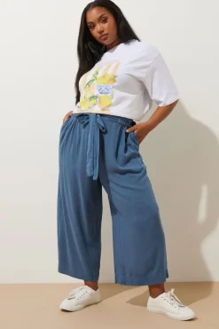 Yours Curve Blue Chambray Tie Waist Cropped Trousers