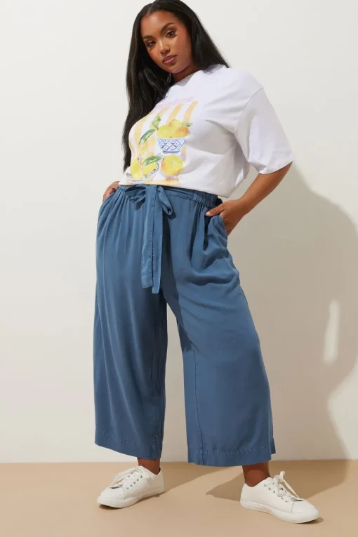 Yours Curve Blue Chambray Tie Waist Cropped Trousers