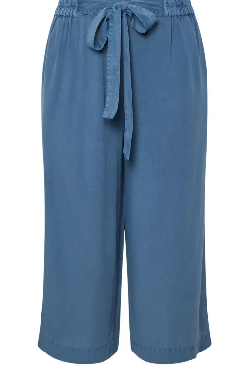 Yours Curve Blue Chambray Tie Waist Cropped Trousers