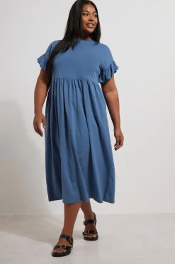 Yours Curve Blue Frill Sleeve Cotton Midaxi Dress