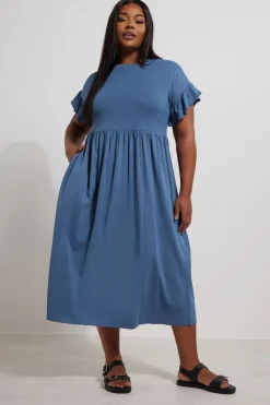Yours Curve Blue Frill Sleeve Cotton Midaxi Dress