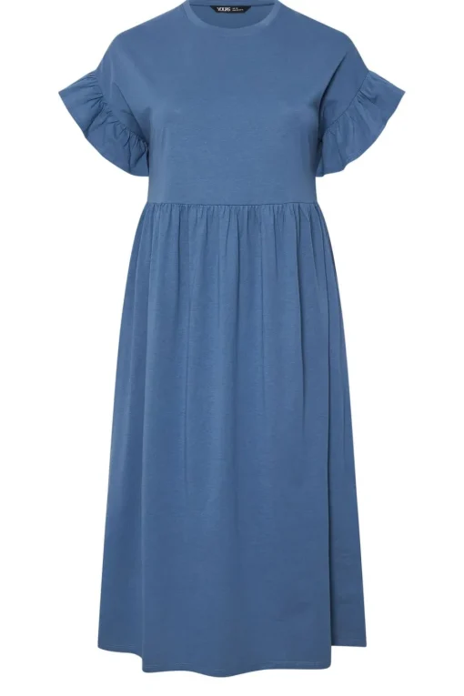 Yours Curve Blue Frill Sleeve Cotton Midaxi Dress