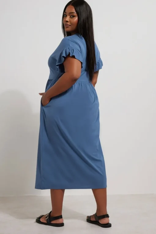 Yours Curve Blue Frill Sleeve Cotton Midaxi Dress