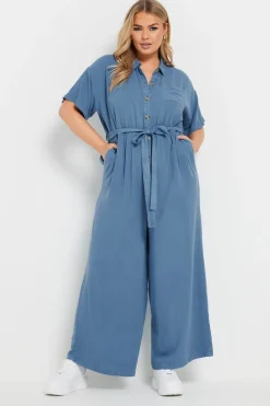 Yours Curve Blue Wide Leg Chambray Jumpsuit