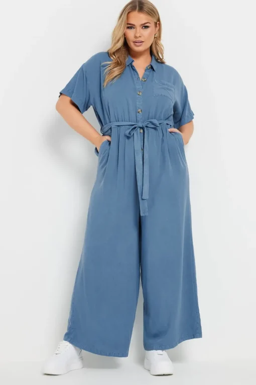 Yours Curve Blue Wide Leg Chambray Jumpsuit