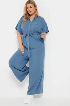 Yours Curve Blue Wide Leg Chambray Jumpsuit