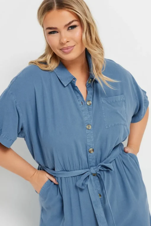 Yours Curve Blue Wide Leg Chambray Jumpsuit