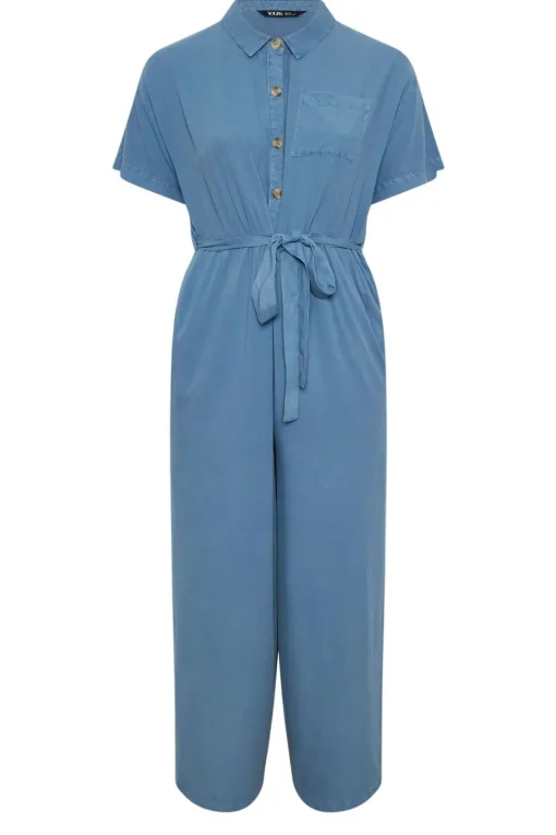 Yours Curve Blue Wide Leg Chambray Jumpsuit