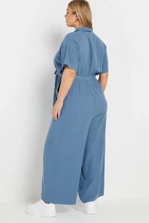 Yours Curve Blue Wide Leg Chambray Jumpsuit