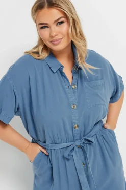 Yours Curve Blue Wide Leg Chambray Jumpsuit