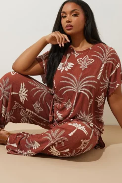 Yours Curve Brown Palm Print Plisse Top