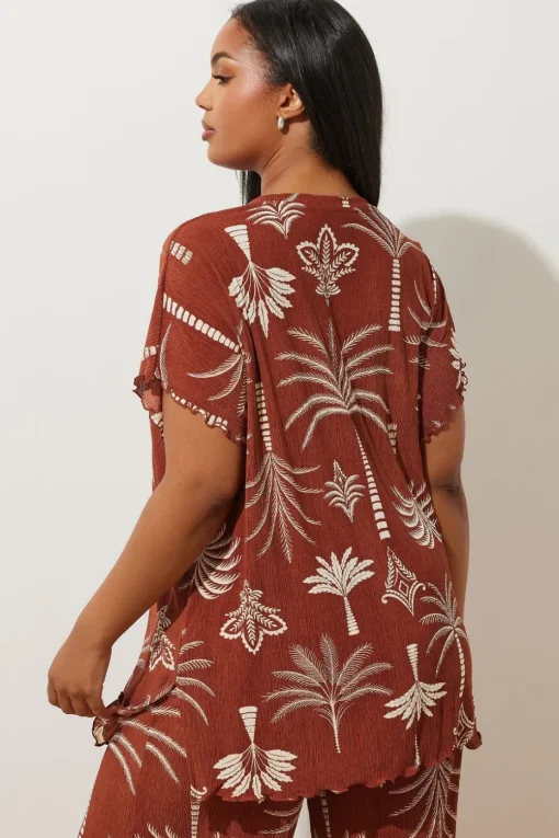 Yours Curve Brown Palm Print Plisse Top