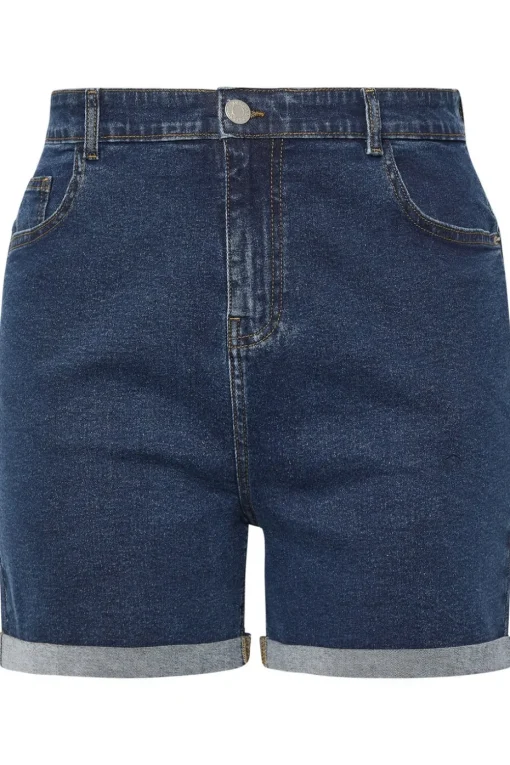 Yours Curve Indigo Blue Turn Up Stretch Denim Mom Shorts