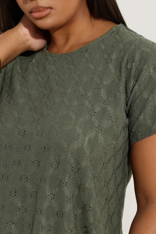 Yours Curve Khaki Green Broderie Anglaise Textured Swing Top