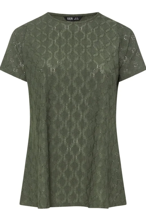 Yours Curve Khaki Green Broderie Anglaise Textured Swing Top