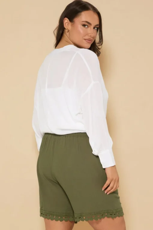 Yours Curve Khaki Green Crochet Trim Crinkle Shorts