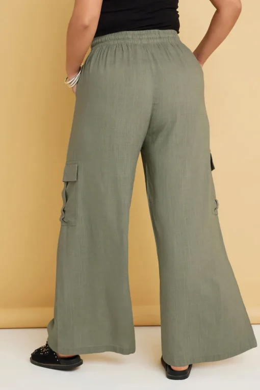 Yours Curve Khaki Green Linen Cargo Trousers