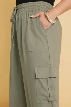 Yours Curve Khaki Green Linen Cargo Trousers